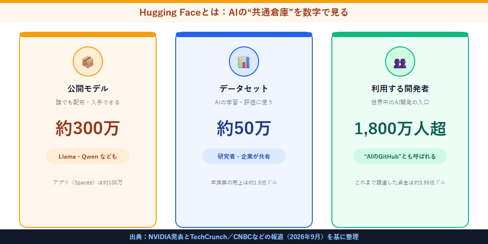 Hugging Faceの規模を示す図：モデル数・データセット数・開発者数