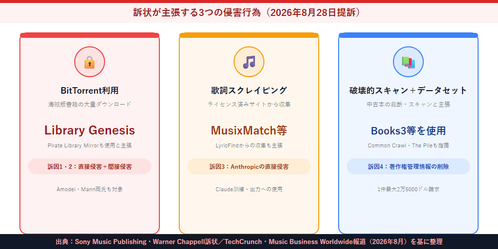 訴状が主張するBitTorrent利用・歌詞スクレイピング・破壊的スキャンとデータセット利用の3つの侵害行為を整理した図